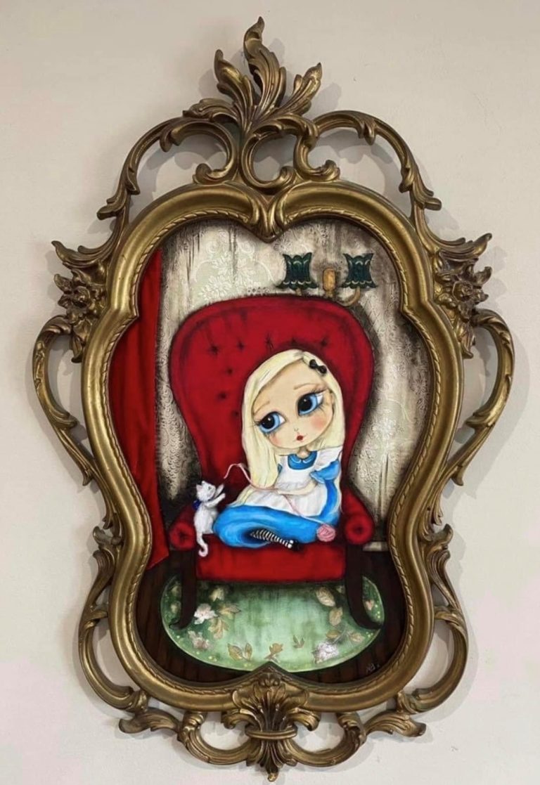 Alice and the Kitten Acrylic & Mixed Media on wood panel.